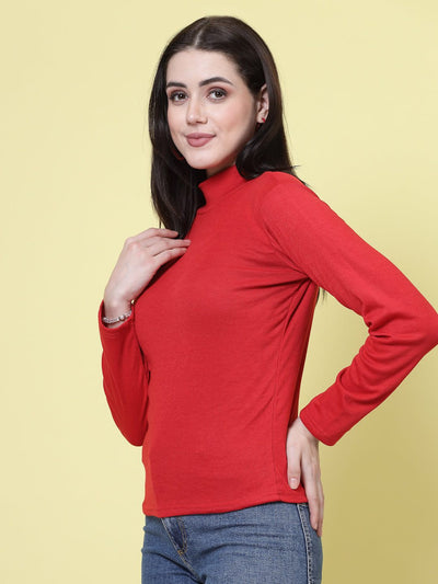 Red solid high neck top with full sleeves, casual wear.