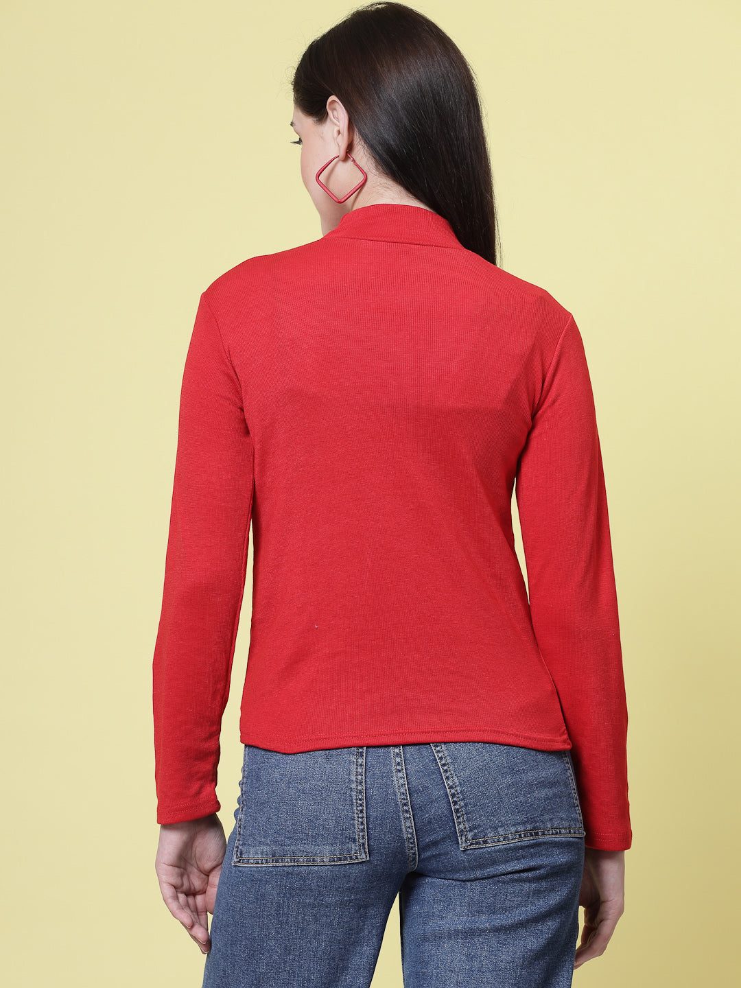 Red solid high neck regular top with full sleeves, casual wear.