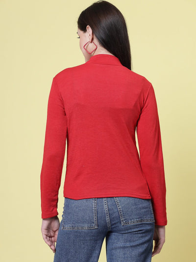 Red solid high neck regular top with full sleeves, casual wear.