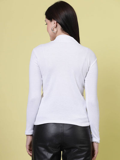 White solid high neck regular top with full sleeves, ideal for casual wear.