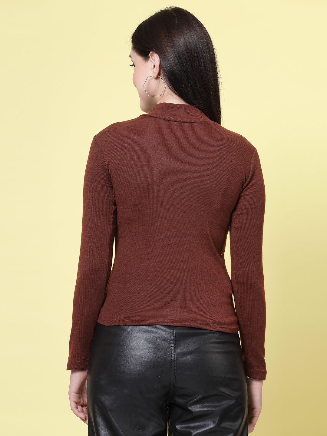 Brown solid high neck regular top with full sleeves.
