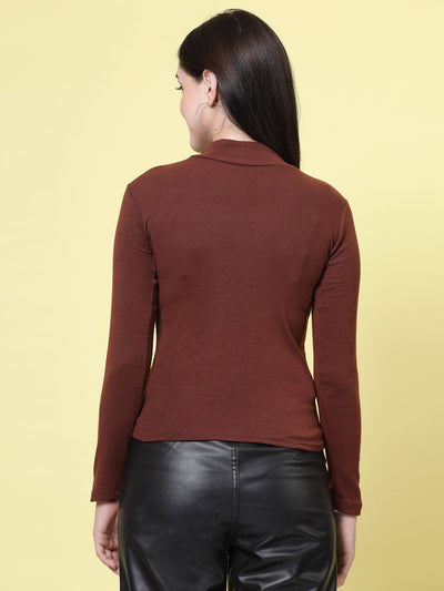Brown solid high neck regular top with full sleeves.