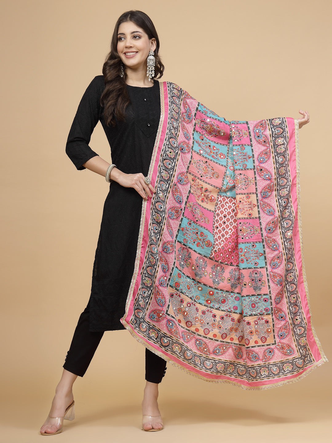Multicolored printed Pakistani embellished dupatta with mirror work and taping border.