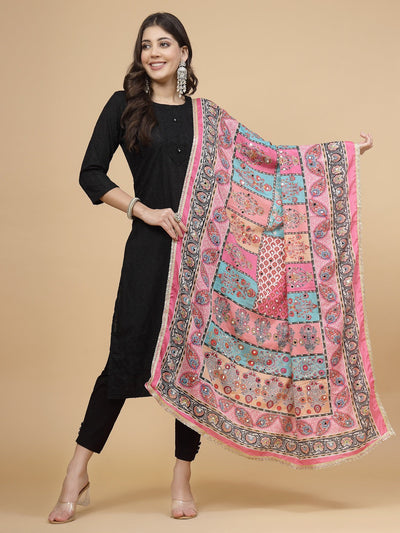Multicolored printed Pakistani embellished dupatta with mirror work and taping border.