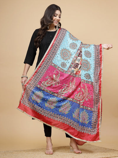 Multicolored printed Pakistani embellished dupatta with mirror work and taping border.