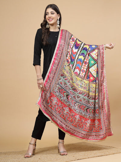 Multicolored printed Pakistani embellished dupatta with mirror work and taping border.