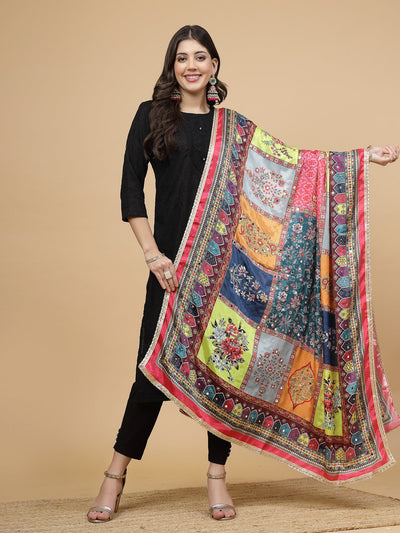 Multicolored printed Pakistani embellished dupatta with mirror work and taping border.