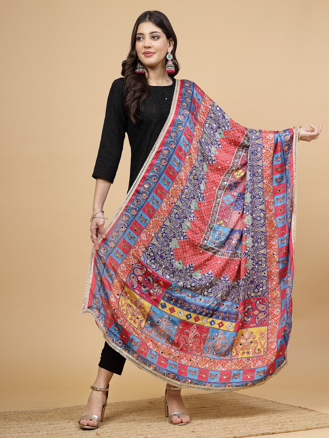 Multicolored printed Pakistani embellished dupatta with mirror work and taping border.
