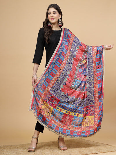 Multicolored printed Pakistani embellished dupatta with mirror work and taping border.