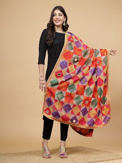 Multicolored Phulkari embroidered dupatta with vibrant geometric patterns.