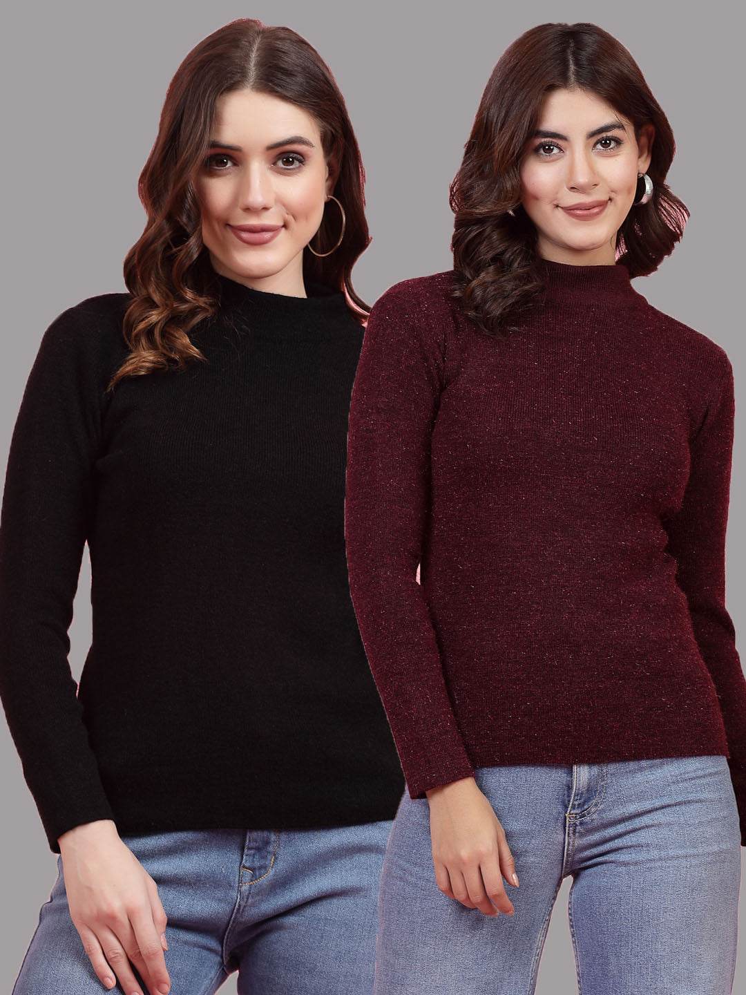 Solid highneck full sleeve woolen casual tops, black and maroon, pack of 2.