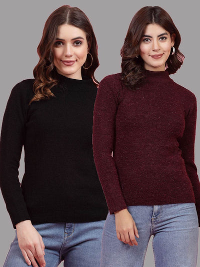 Solid highneck full sleeve woolen casual tops, black and maroon, pack of 2.
