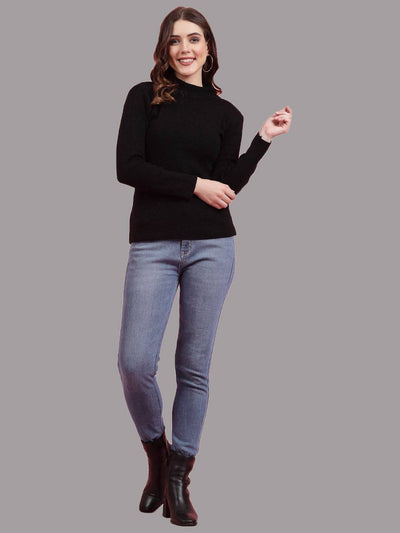 Solid highneck full sleeve woolen casual top pack worn by model.