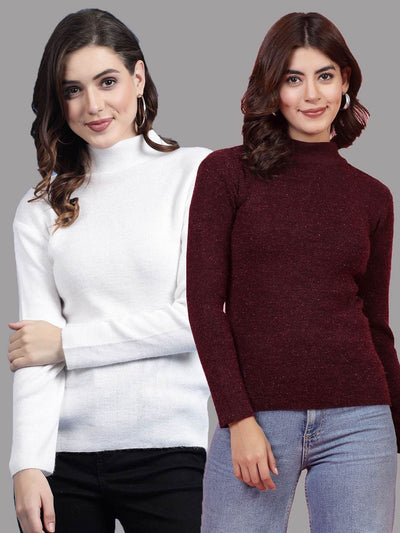 Solid highneck full sleeve woolen casual tops in white and maroon, pack of 2.