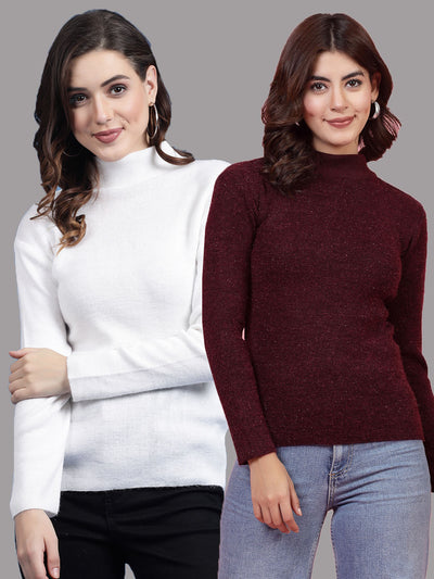 Solid Highneck Full Sleeve Woolen Casual Top (Pack of 2)