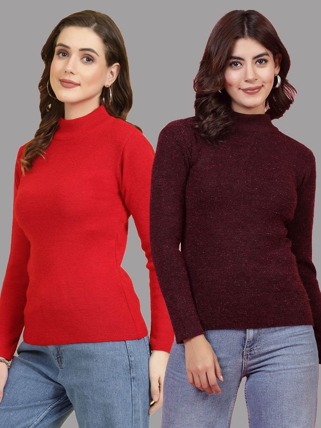 Solid highneck full sleeve woolen casual tops pack of 2 in red and burgundy.