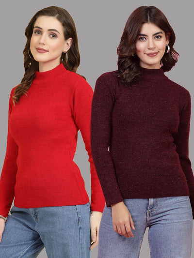 Solid highneck full sleeve woolen casual tops pack of 2 in red and burgundy.