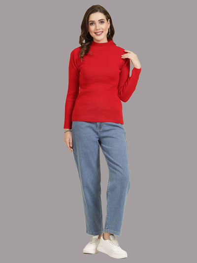 Solid highneck full sleeve woolen casual top in red, model wearing blue jeans and white sneakers.