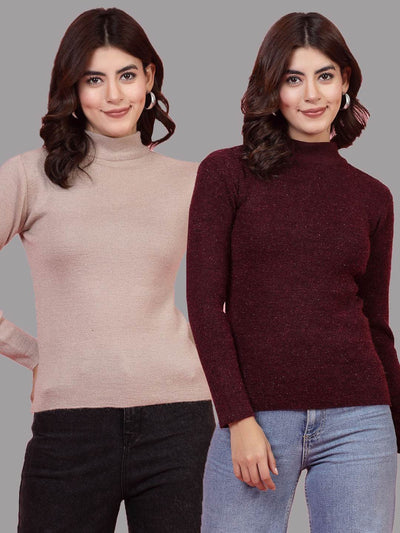Solid highneck full sleeve woolen casual top pack of 2 in beige and maroon colors.