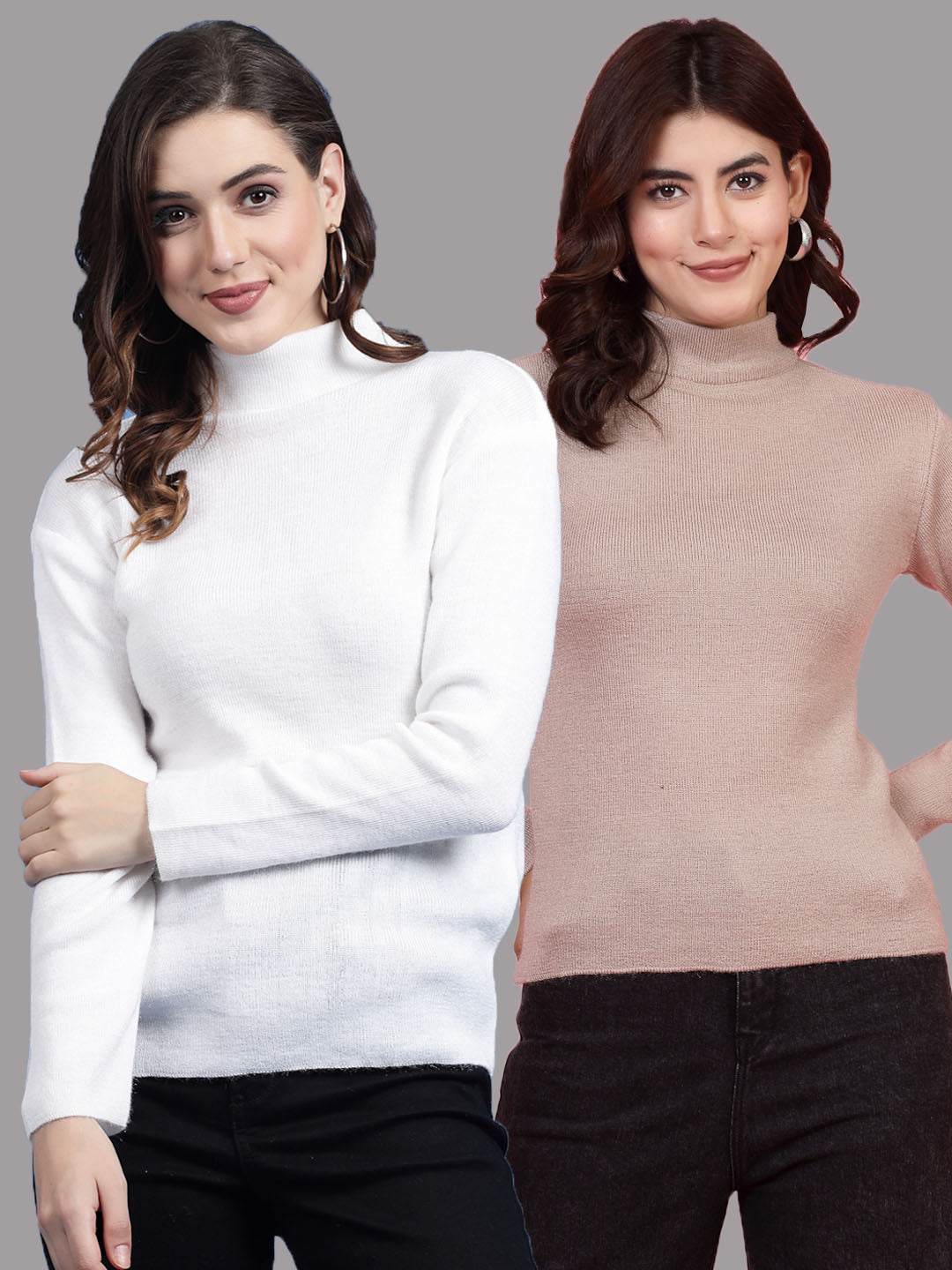 Solid highneck full sleeve woolen casual tops pack of 2 in white and beige.