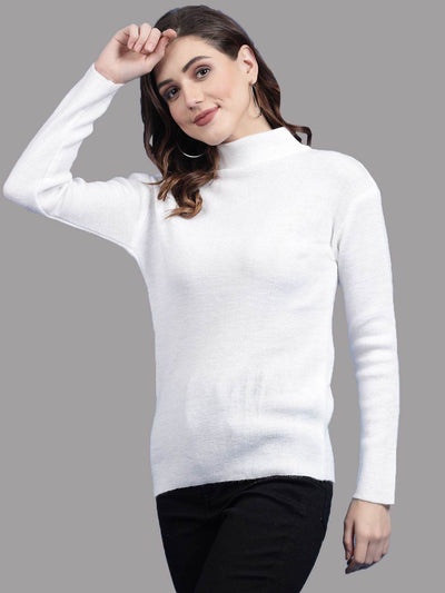 Solid highneck full sleeve woolen casual top in white.