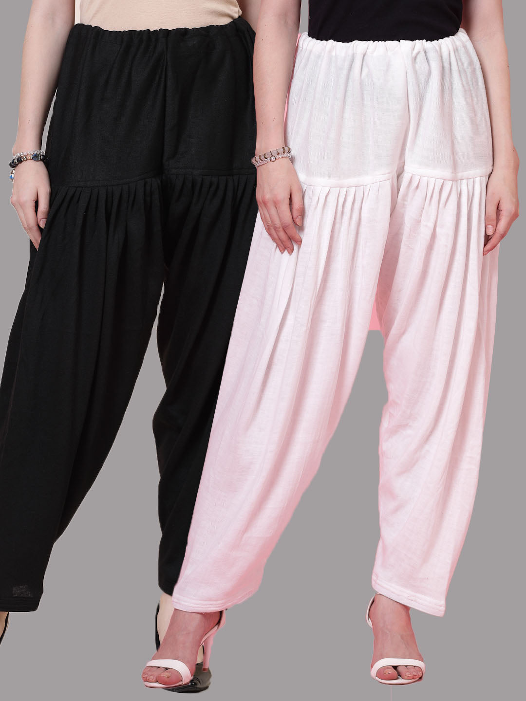 Black and white solid woollen salwar pack with drawstring closure, loose-fit semi Patiala design.