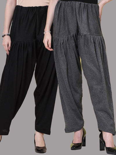 Black and grey woollen salwar pack of two with loose fit and drawstring closure.