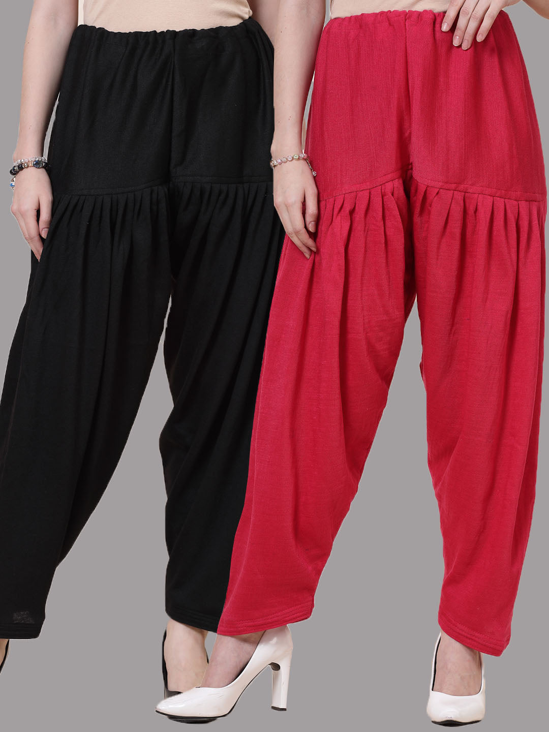 Black and magenta solid woollen salwar pack of two with loose-fit and drawstring closure.
