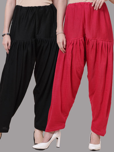Black and magenta solid woollen salwar pack of two with loose-fit and drawstring closure.