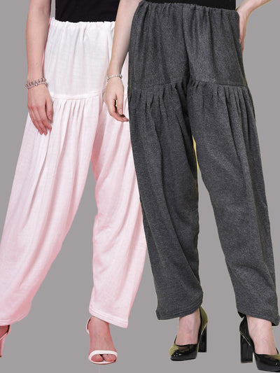White and grey solid woollen salwar pack featuring loose-fit semi Patiala style with drawstring closure.