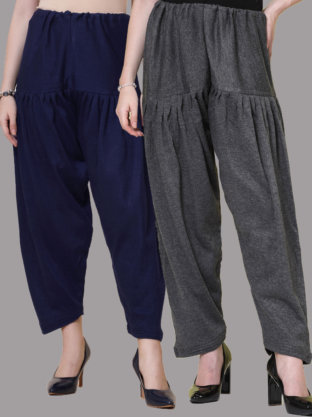 Navy Blue and Grey Solid Woollen Salwar Pack of 2 with drawstring closure.