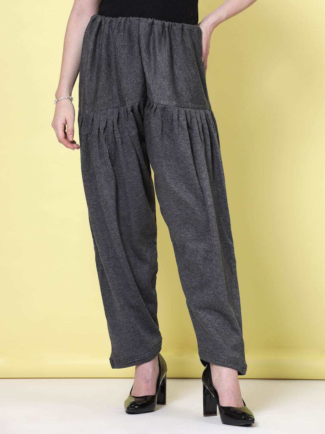 Grey woollen loose-fit semi Patiala salwar with drawstring closure, part of a pack of two with magenta option.