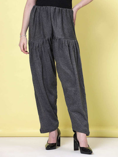 Grey woollen loose-fit semi Patiala salwar with drawstring closure, part of a pack of two with magenta option.