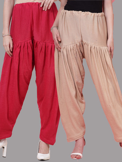 Magenta and fawn solid woollen salwar pack with drawstring closure.