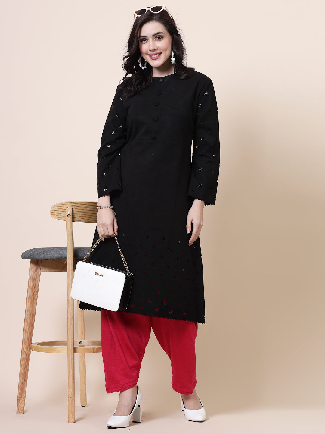 Magenta solid woollen salwar with drawstring, loose-fit semi Patiala style.