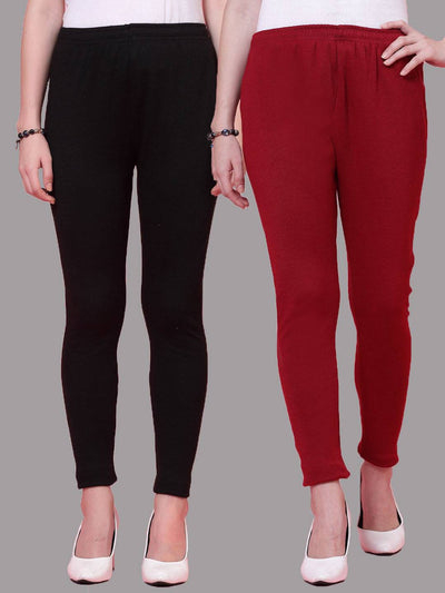Black and maroon solid woollen leggings with elasticated waistband and drawstring, pack of two.