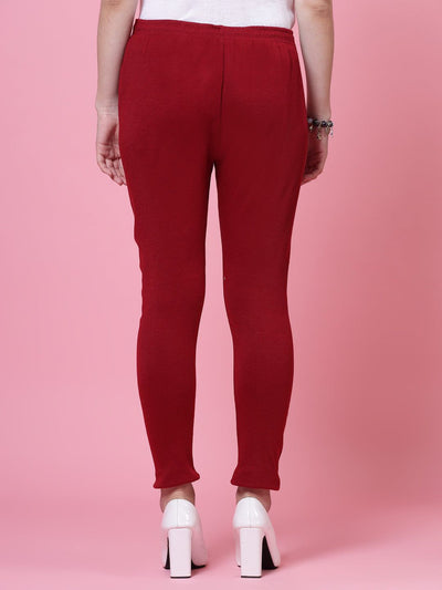 Black and maroon solid woollen leggings with elasticated waistband and drawstring closure.