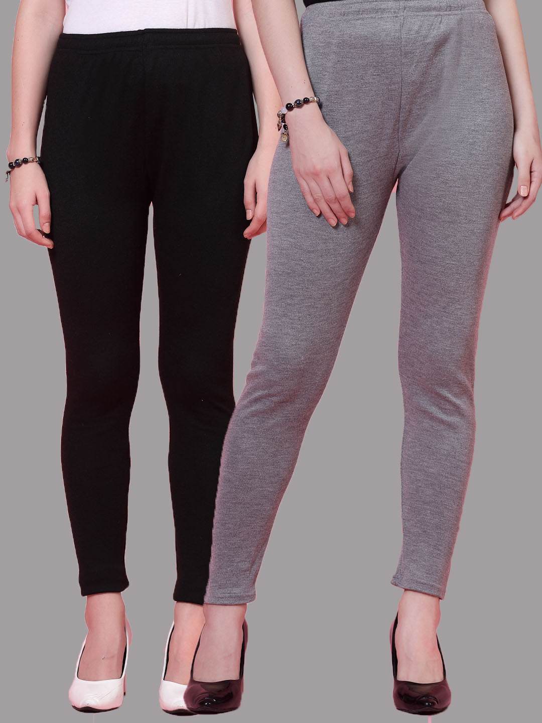 Black and grey solid woollen leggings pack with elastic waistband and drawstring closure.