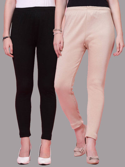 Black and light fawn solid woollen leggings pack with elasticated waistband and drawstring closure.