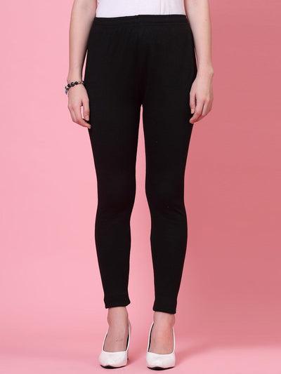 Black and light fawn solid woollen leggings with elasticated waistband and drawstring closure, pack of 2.