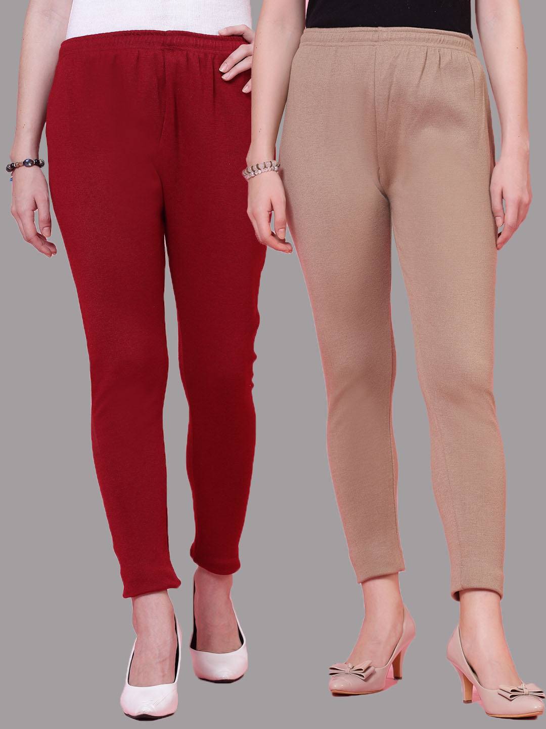 Maroon and dark fawn solid woollen leggings pack of 2 with elasticated waistband and drawstring closure.