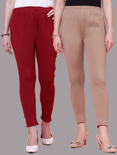 Maroon and dark fawn solid woollen leggings pack of 2 with elasticated waistband and drawstring closure.