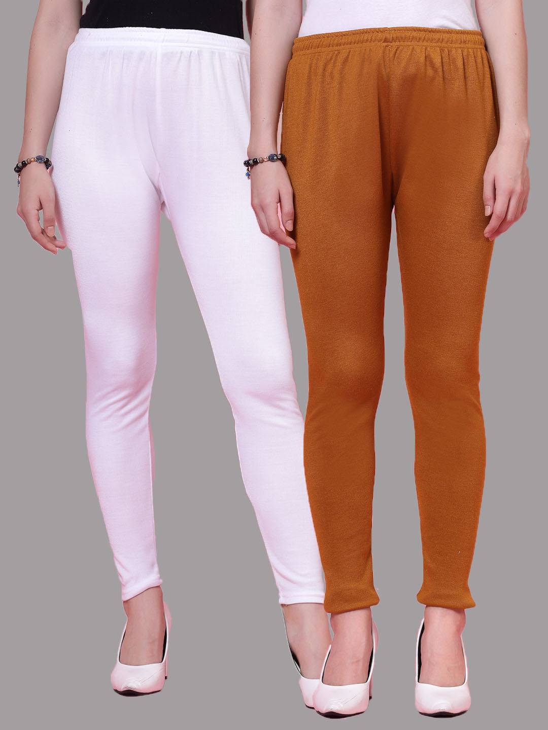 White and mustard solid woollen leggings pack with elasticated waistband and drawstring.