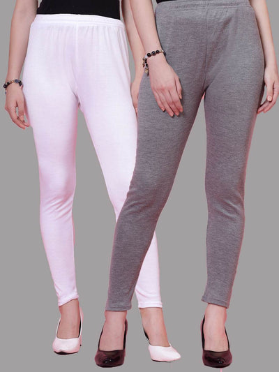 White and grey solid woollen leggings pack with elastic waistband and drawstring closure.