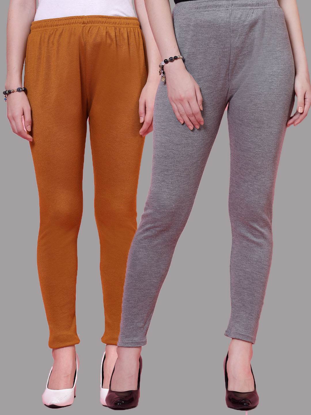 Mustard and grey woollen leggings pack with elastic waistband and drawstring.