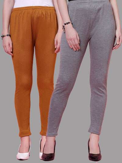 Mustard and grey woollen leggings pack with elastic waistband and drawstring.