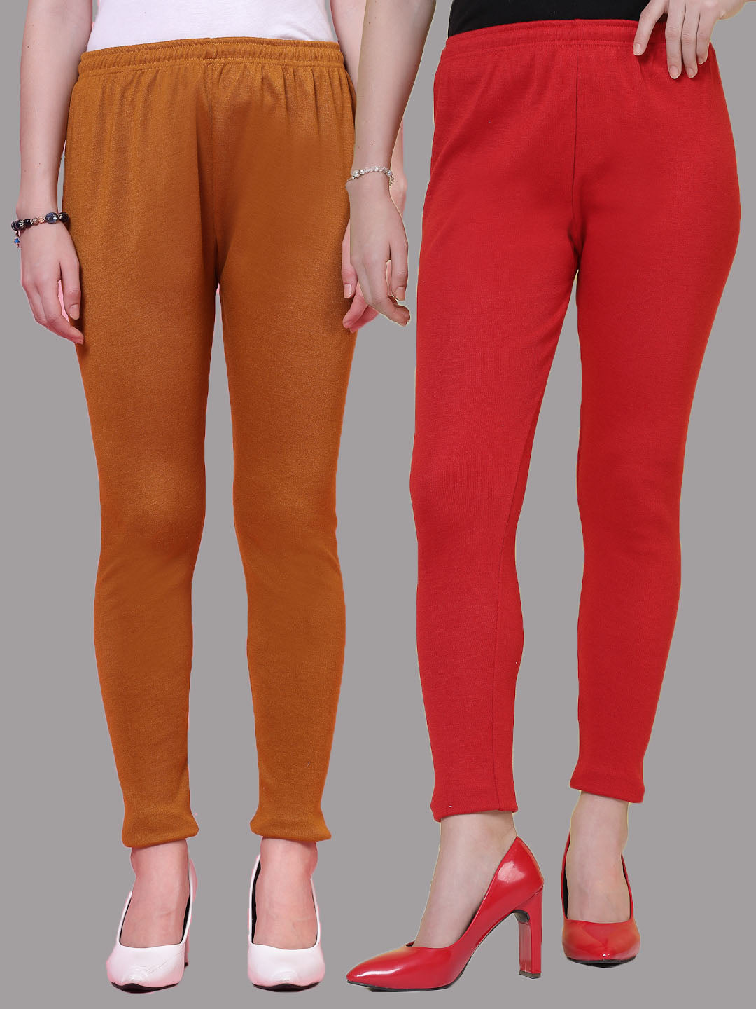 Mustard and red solid woollen leggings pack with elastic waistband and drawstring closure.
