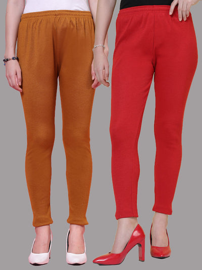 Mustard and red solid woollen leggings pack with elastic waistband and drawstring closure.
