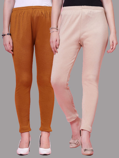 Mustard and light fawn solid woollen leggings pack with elasticated waistband and drawstring closure.