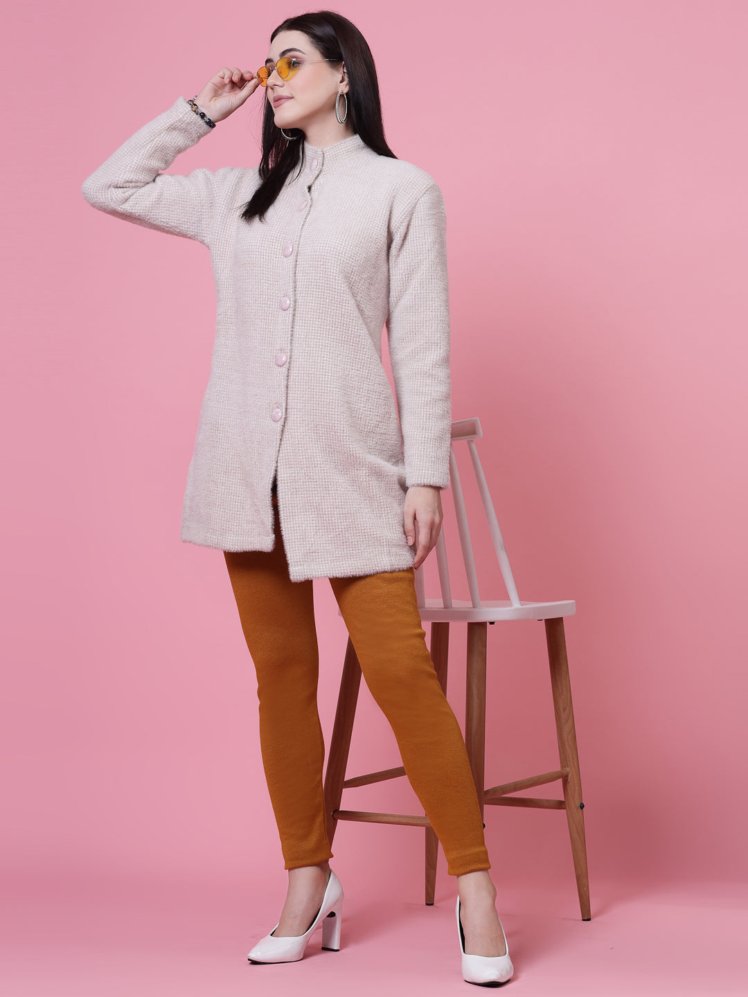 Mustard and light fawn woollen leggings with elasticated waistband.